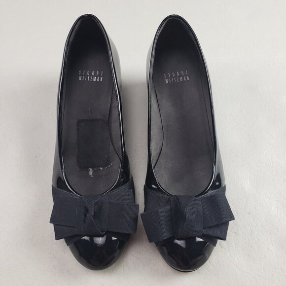 Stuart Weitzman Patent Leather Bow Pump Womens 7 Black Slip On Wedge Heel Spain - Picture 4 of 14